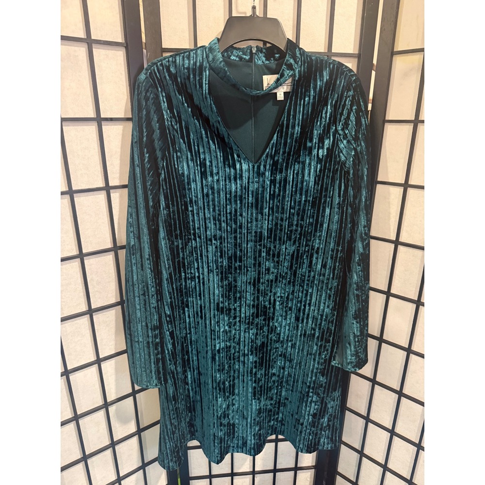 Nicole Miller Studio Teal Velvet Dress Size 14 Pleated V Neck Long Sleeve NWT